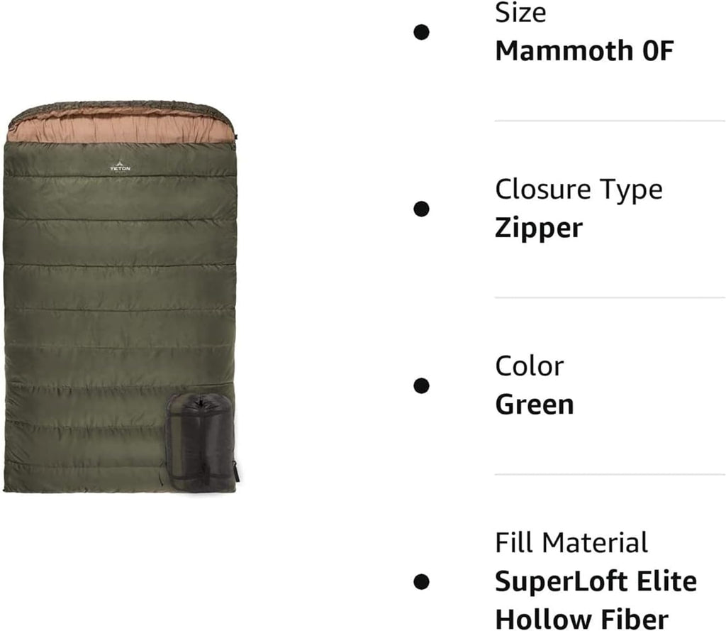 Mammoth Queen Size Double Sleeping Bag - 2-Person Family Camping Bag - Extra Large Warm Sleep System for Couples & Base Camp