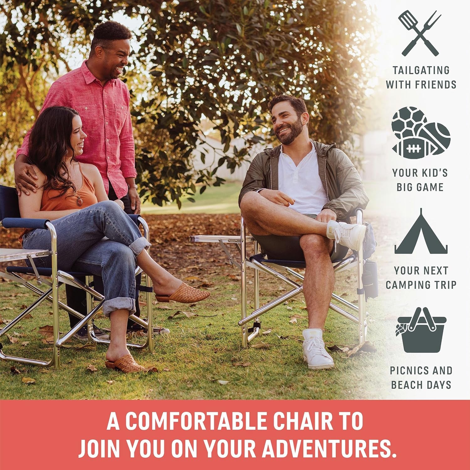 Portable Aluminum Sports Director Chair - Heavy Duty Folding Camping Chair with Side Table & Armrest Caddy - Red Picnic Seating for Adults