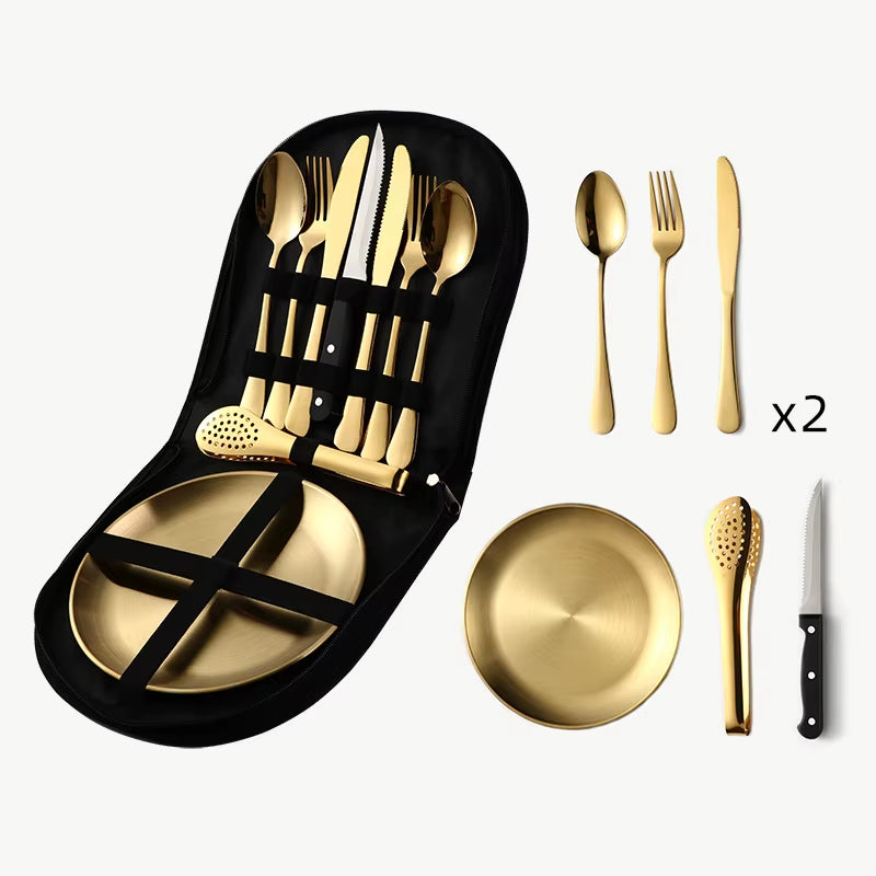 9-Piece Stainless Steel Camping Mess Kit | Portable Outdoor Picnic & Cooking Tableware Set