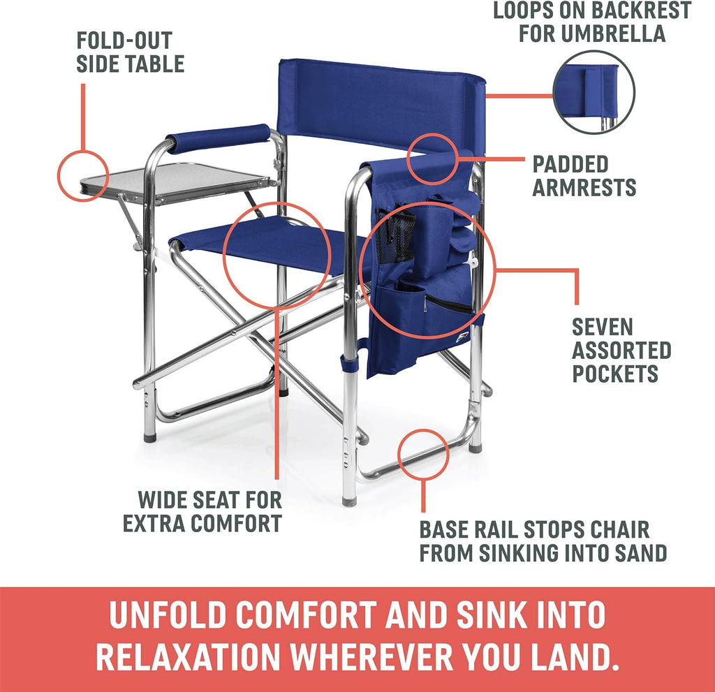 Portable Aluminum Sports Director Chair - Heavy Duty Folding Camping Chair with Side Table & Armrest Caddy - Red Picnic Seating for Adults