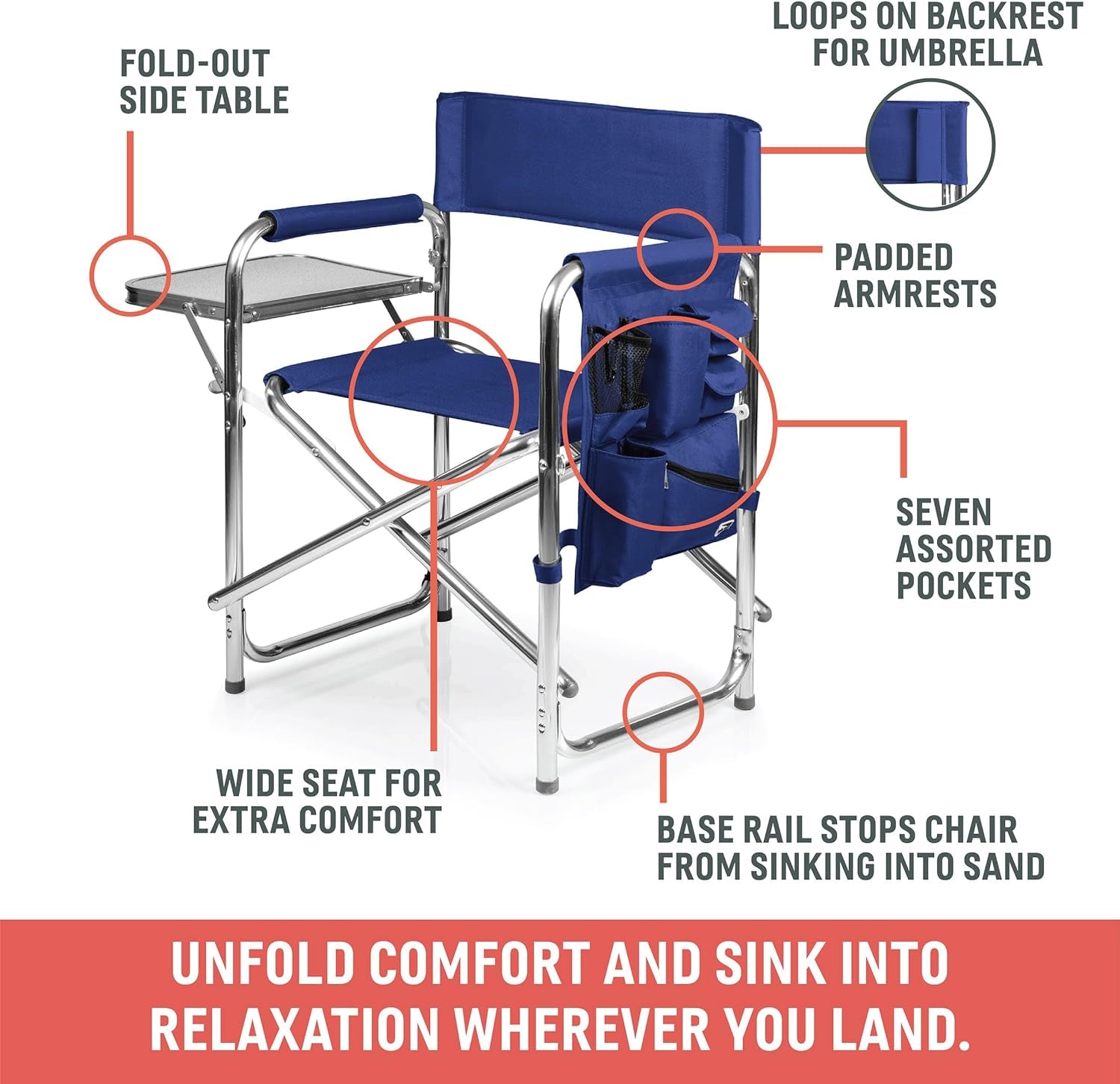 Portable Aluminum Sports Director Chair - Heavy Duty Folding Camping Chair with Side Table & Armrest Caddy - Red Picnic Seating for Adults