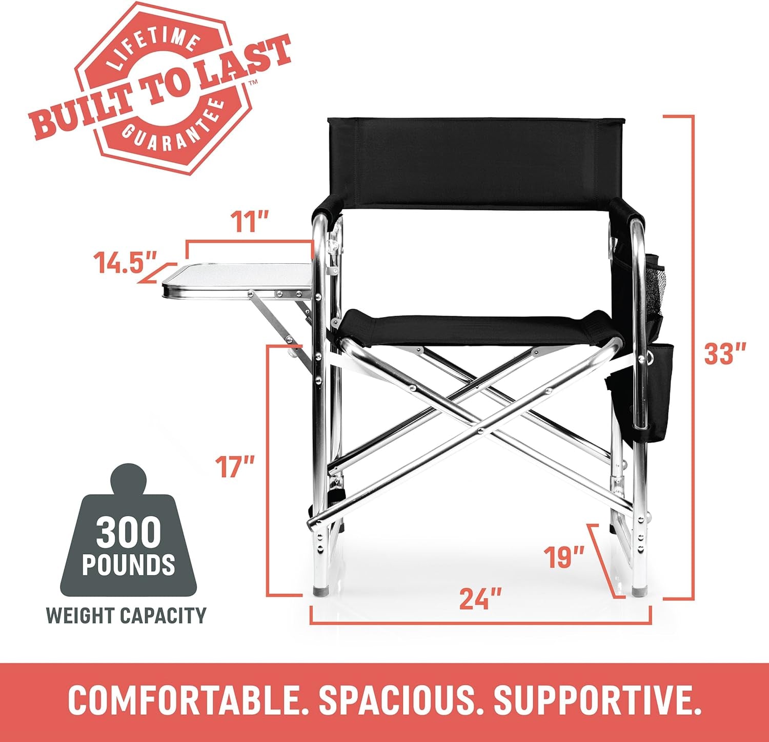 Portable Aluminum Sports Director Chair - Heavy Duty Folding Camping Chair with Side Table & Armrest Caddy - Red Picnic Seating for Adults