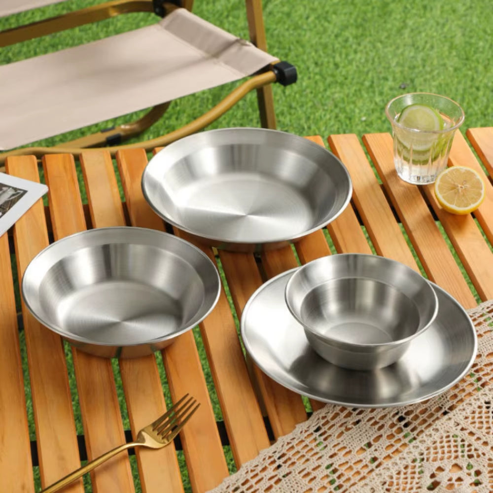 Stainless Steel Camping Dinnerware Set - Premium Plates & Bowls for 4-6 Persons - Durable Outdoor Tableware for Beach, BBQ & Home Use