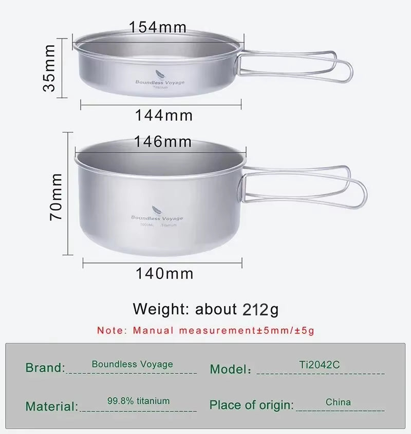 Lightweight Titanium Camping Cookware Set with Folding Handles - Perfect for Hiking and Outdoor Adventures