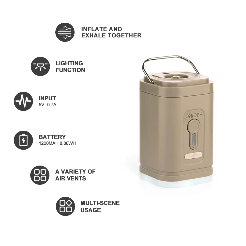 2-in-1 Mini Electric Air Pump & Camping Lantern - Portable Rechargeable Air Machine for Air Mattress - Waterproof Travel Gear for Swimming Rings