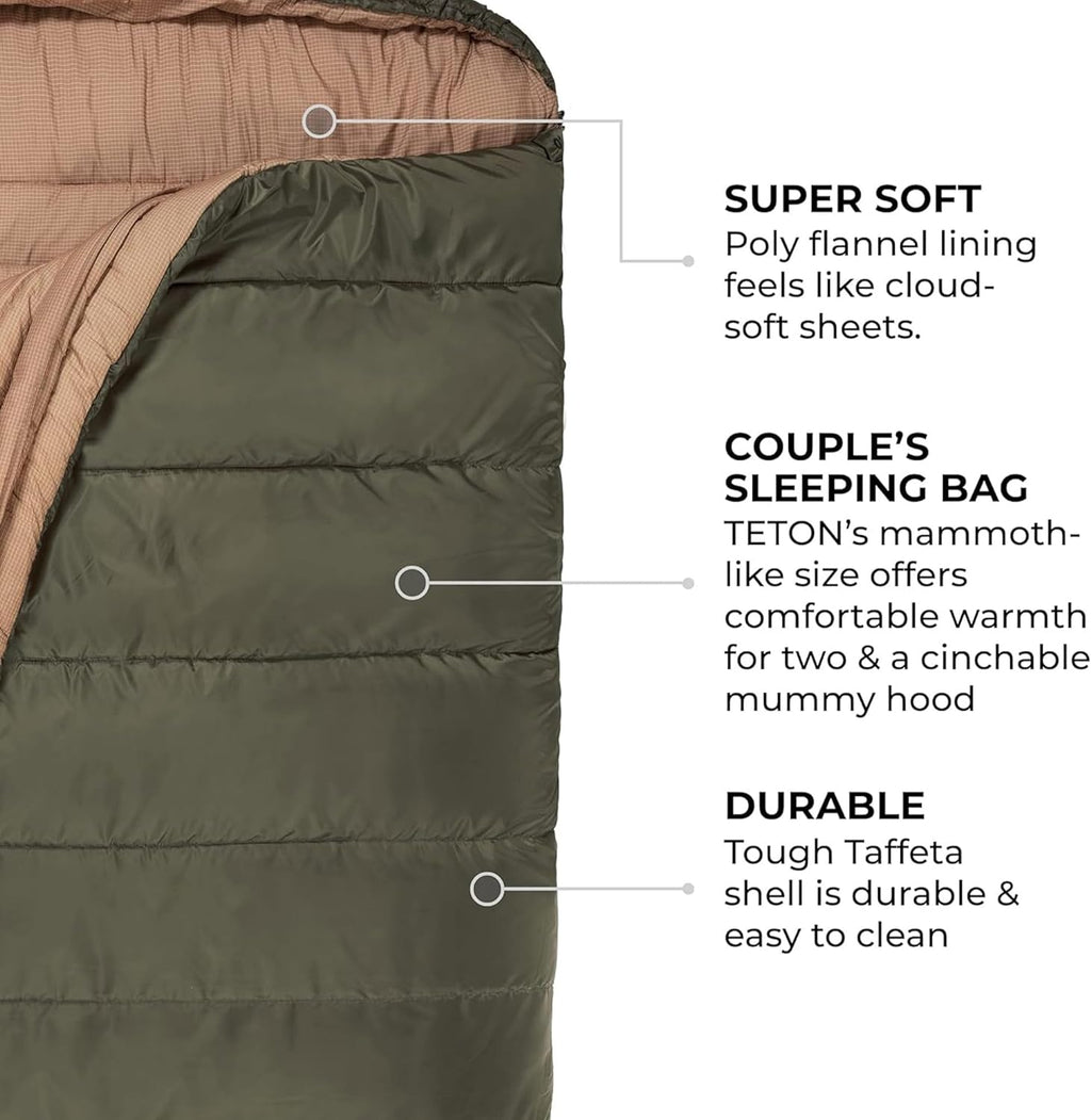 Mammoth Queen Size Double Sleeping Bag - 2-Person Family Camping Bag - Extra Large Warm Sleep System for Couples & Base Camp