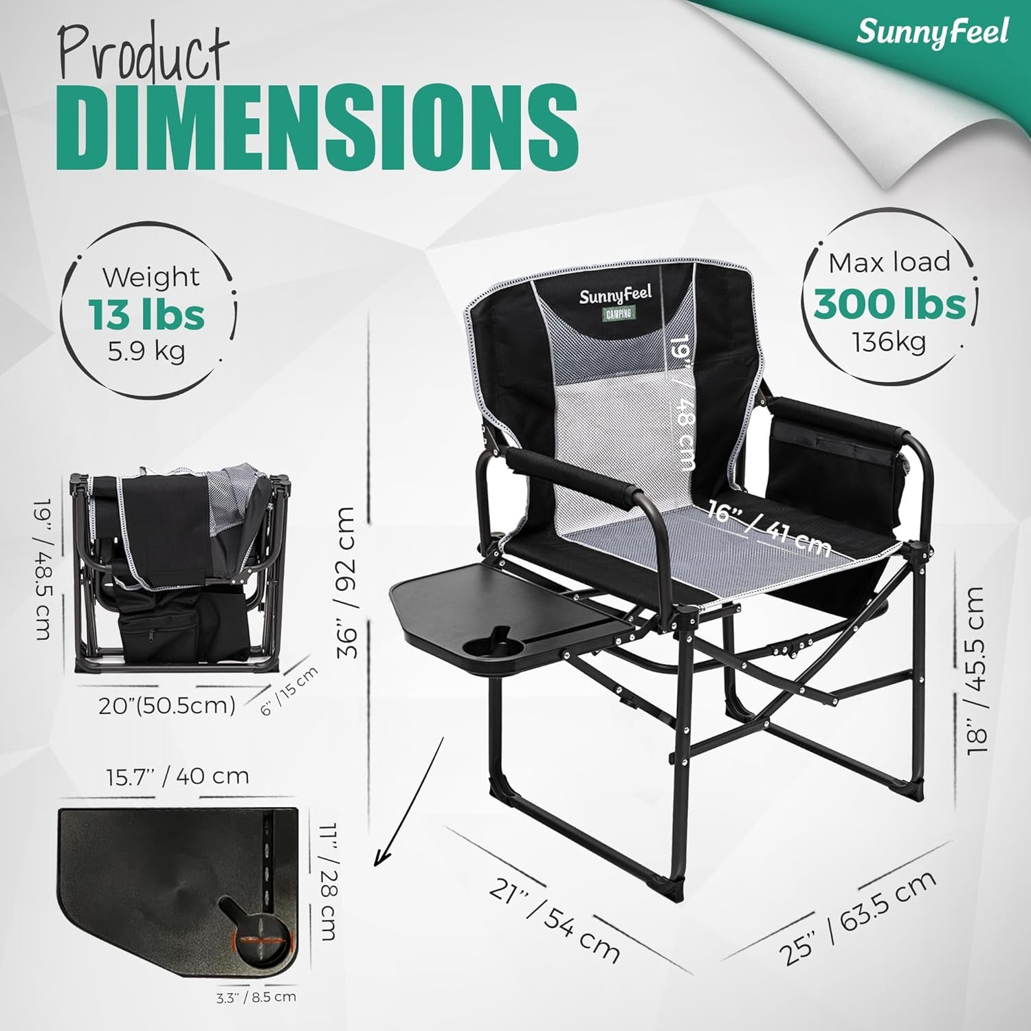 Heavy Duty Oversized Directors Chair - Folding Camping Chair with Side Table & Storage Pocket - Portable Lawn Chair Supports 300+ lbs for Adults