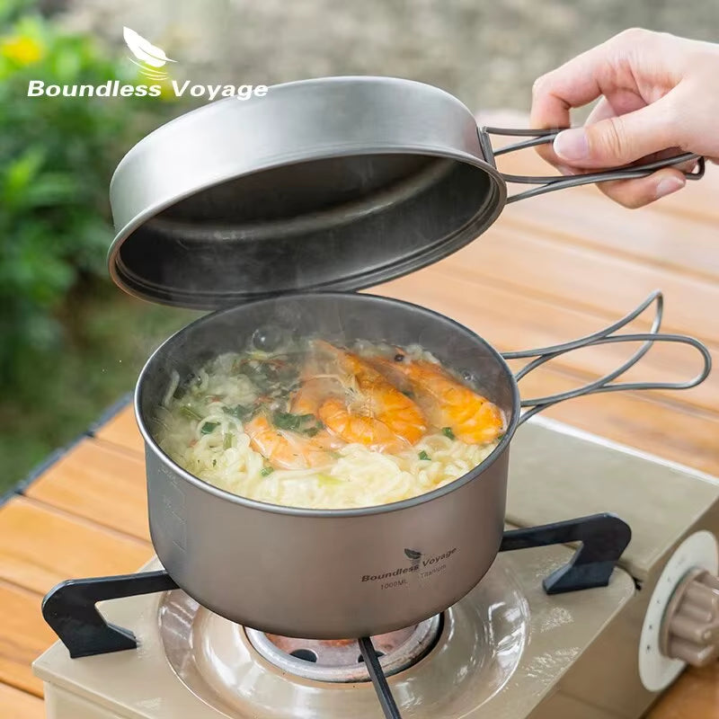 Lightweight Titanium Camping Cookware Set with Folding Handles - Perfect for Hiking and Outdoor Adventures