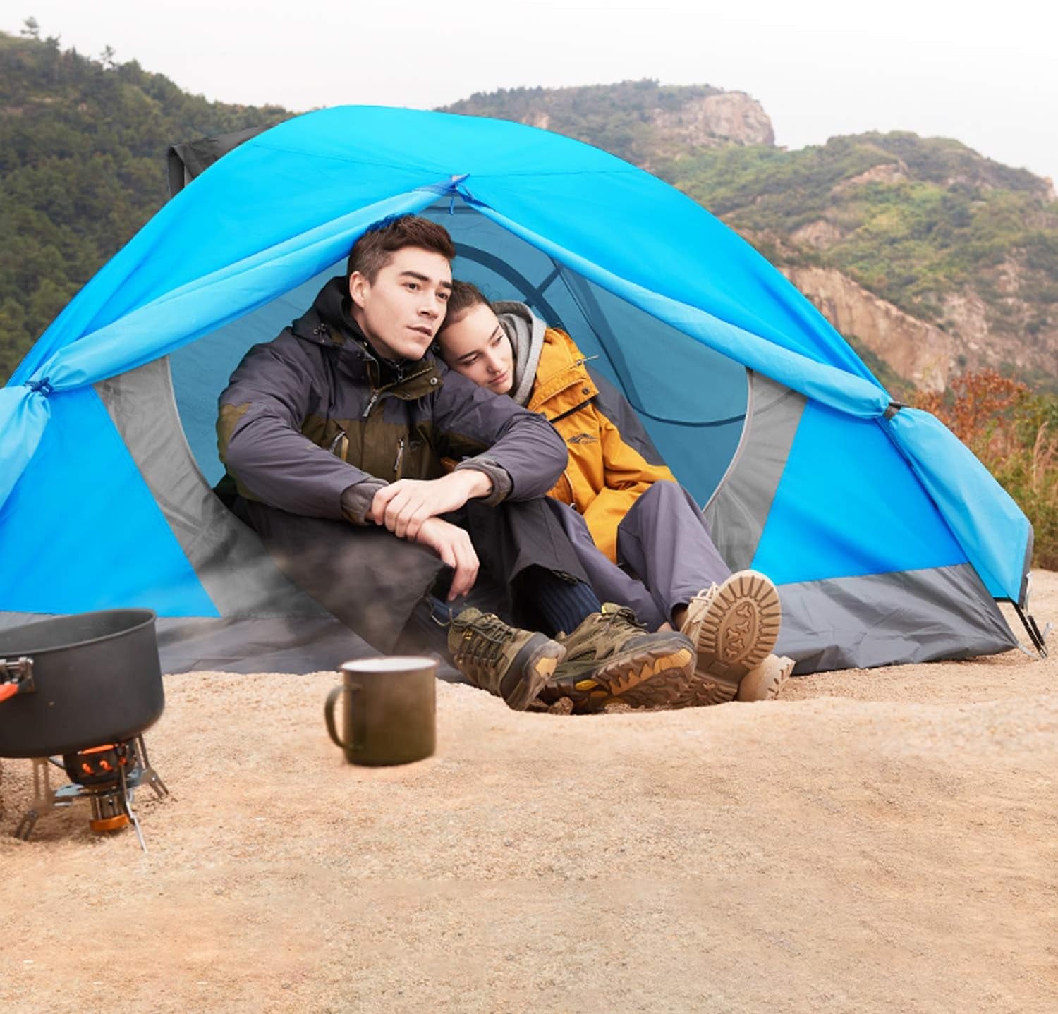 4 Person Family Camping Tent - Windproof & Waterproof Double Layer Outdoor Shelter - Instant Setup Dome Tent with 2 Doors for Hiking & Travel