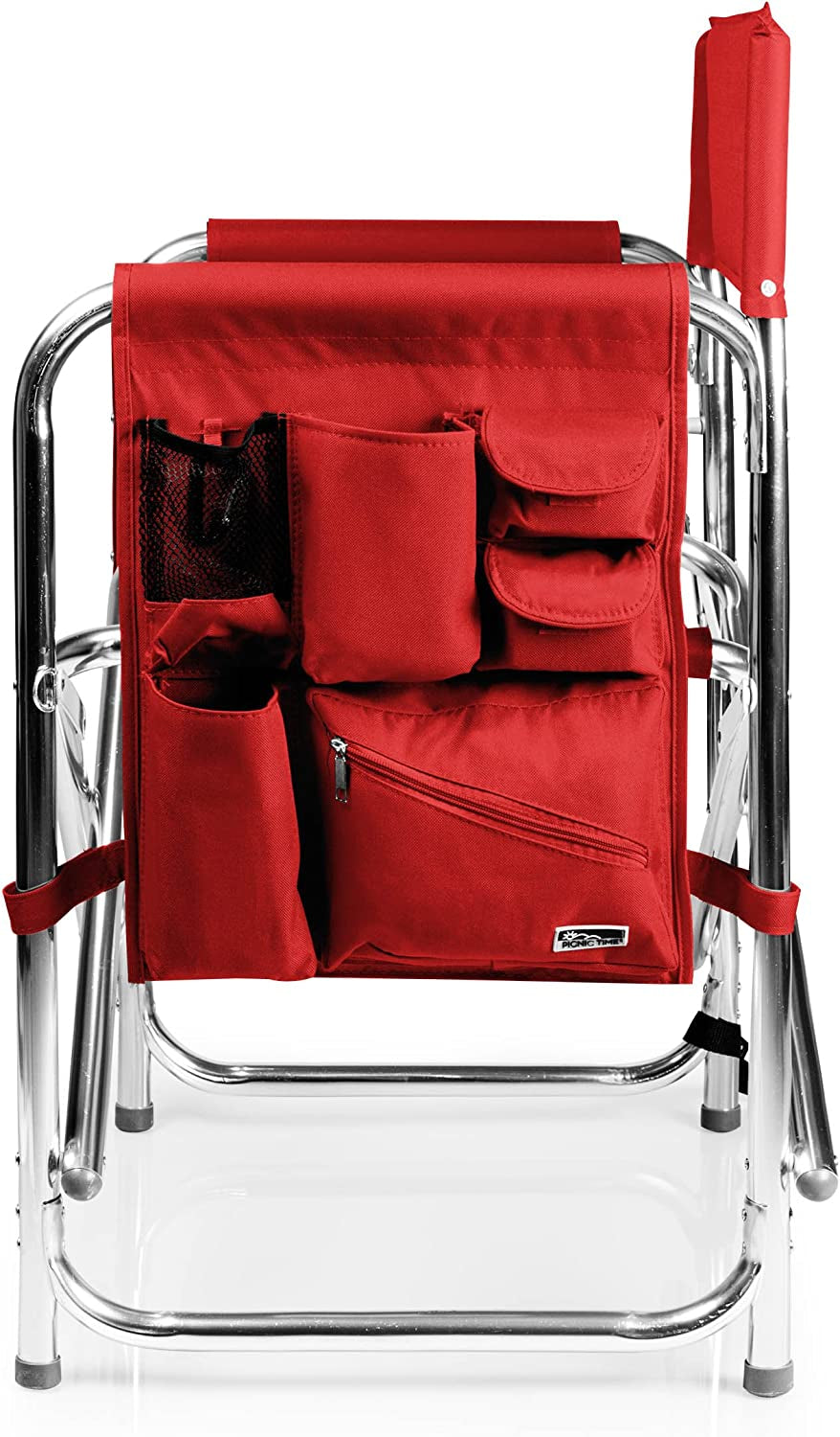 Portable Aluminum Sports Director Chair - Heavy Duty Folding Camping Chair with Side Table & Armrest Caddy - Red Picnic Seating for Adults