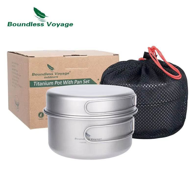 Lightweight Titanium Camping Cookware Set with Folding Handles - Perfect for Hiking and Outdoor Adventures