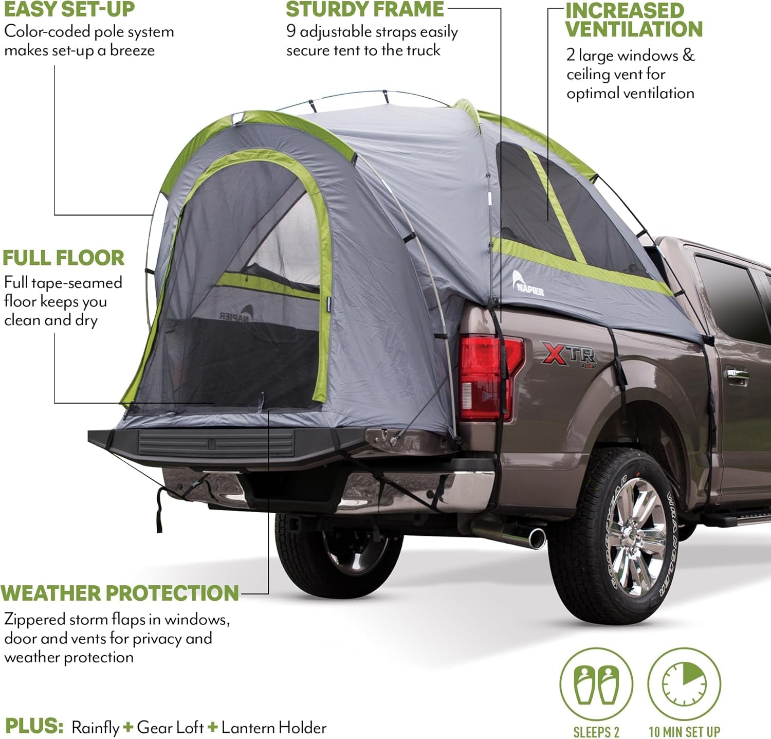 Backroadz Pickup Truck Bed Tent - 2-Person Portable Truck Camping Shelter with Rainfly - Easy 10-Minute Setup Gear for Gray/Green Truck Bed