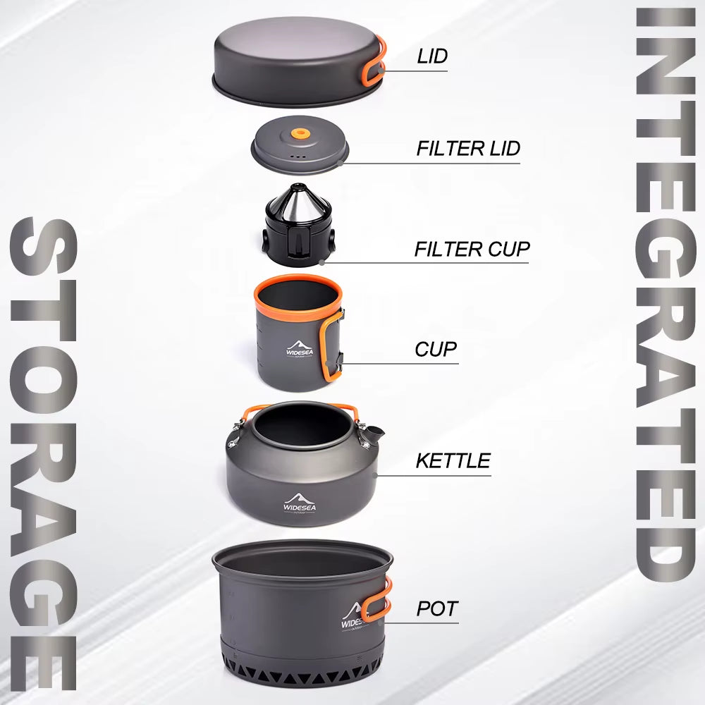 Full Outdoor Cookware Set - Stackable Camping Pots & Kettle with Coffee Filter - Portable Kitchen Gear for Hiking, Picnic & Group Travel