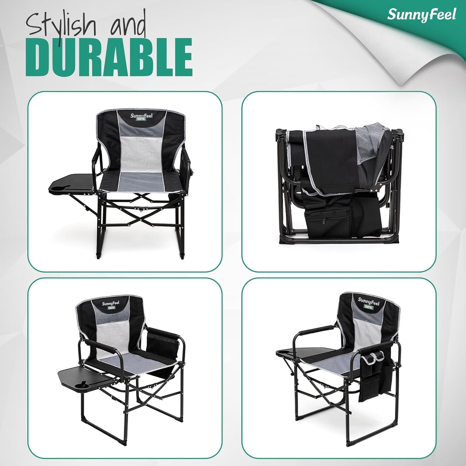 Heavy Duty Oversized Directors Chair - Folding Camping Chair with Side Table & Storage Pocket - Portable Lawn Chair Supports 300+ lbs for Adults
