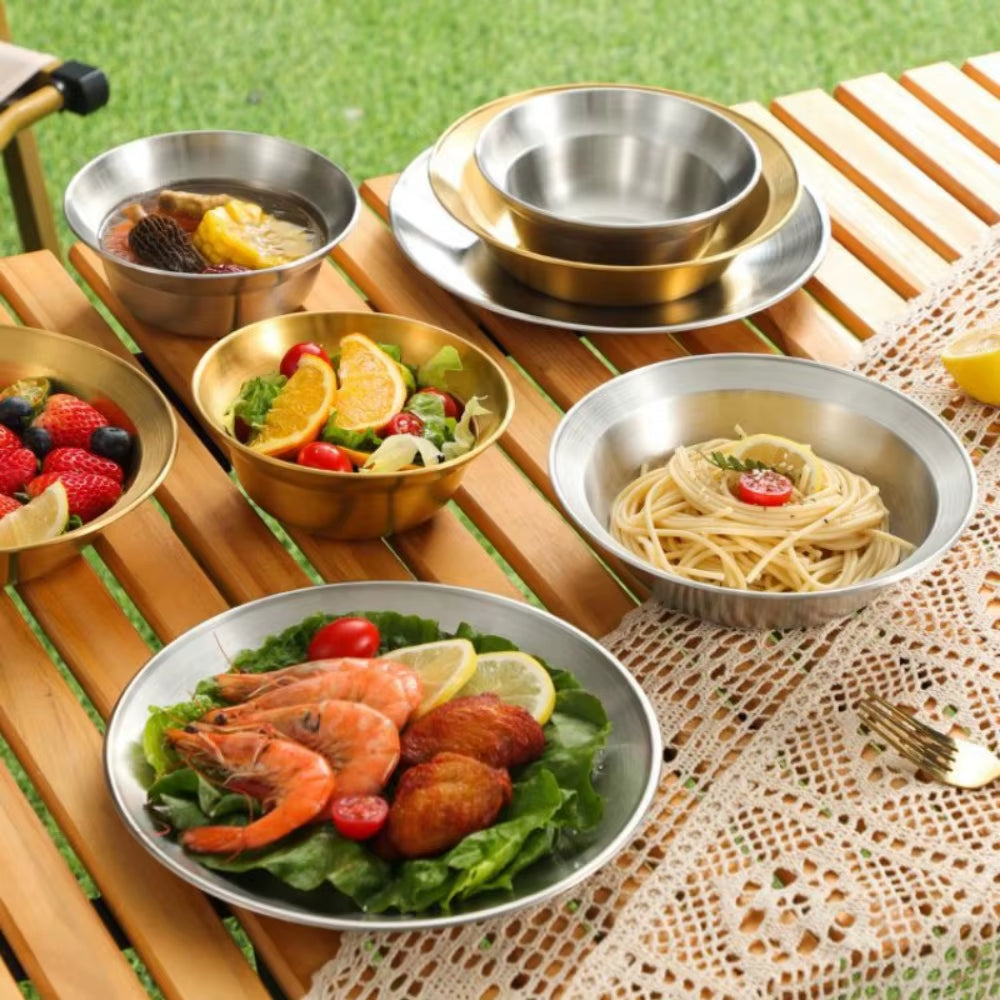 Stainless Steel Camping Dinnerware Set - Premium Plates & Bowls for 4-6 Persons - Durable Outdoor Tableware for Beach, BBQ & Home Use
