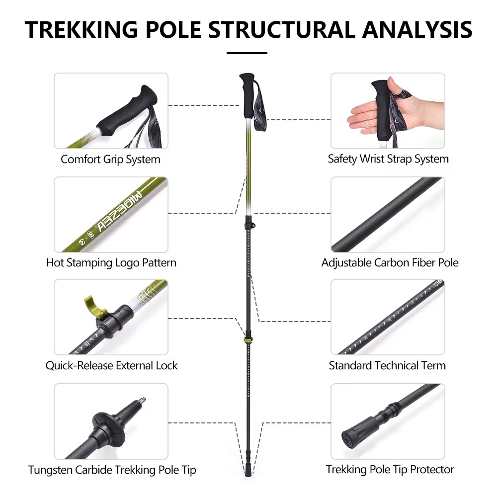 Lightweight Carbon Fiber Trekking Poles - 65-135cm Retractable Hiking Poles - Shock-Absorbing Mountaineering Sticks for All Terrain