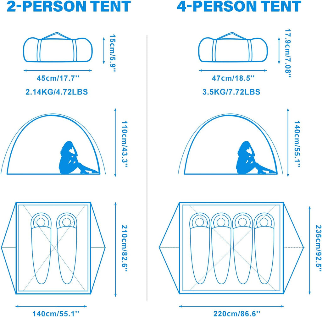 4 Person Family Camping Tent - Windproof & Waterproof Double Layer Outdoor Shelter - Instant Setup Dome Tent with 2 Doors for Hiking & Travel