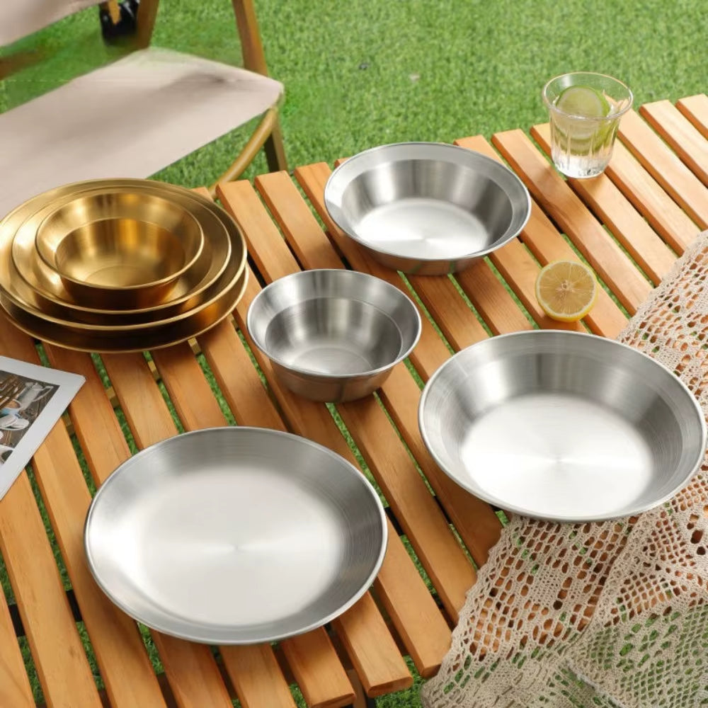 Stainless Steel Camping Dinnerware Set - Premium Plates & Bowls for 4-6 Persons - Durable Outdoor Tableware for Beach, BBQ & Home Use