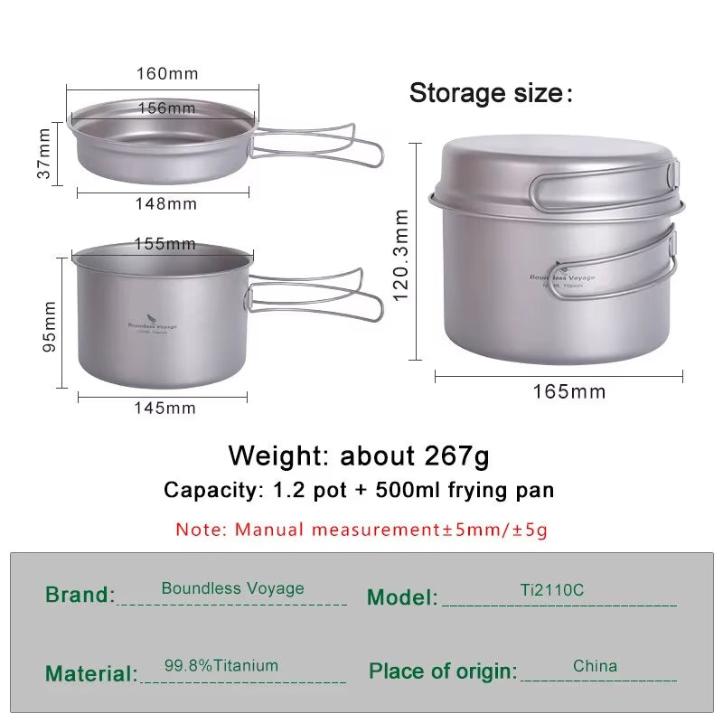 Lightweight Titanium Camping Cookware Set with Folding Handles - Perfect for Hiking and Outdoor Adventures