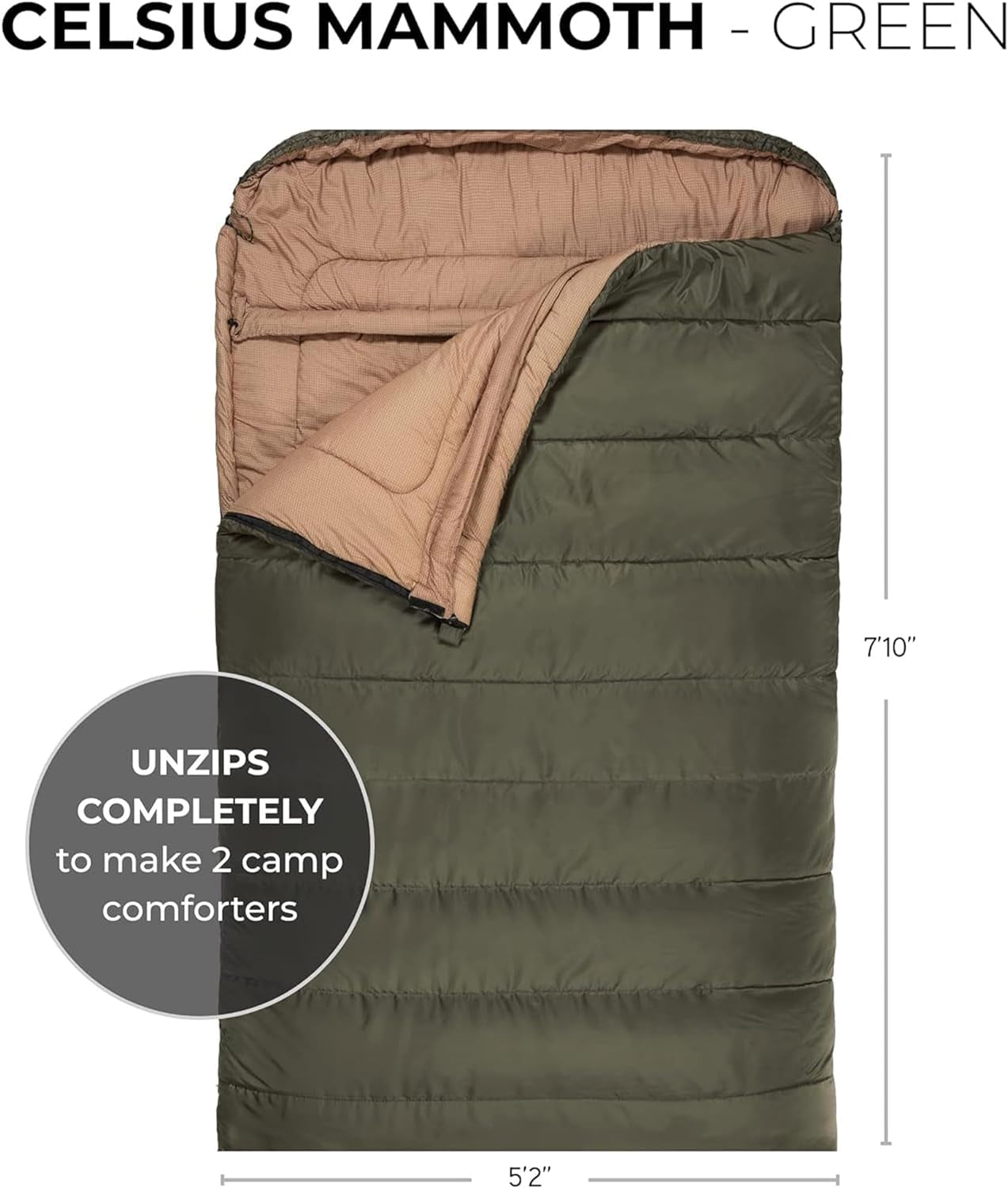 Mammoth Queen Size Double Sleeping Bag - 2-Person Family Camping Bag - Extra Large Warm Sleep System for Couples & Base Camp