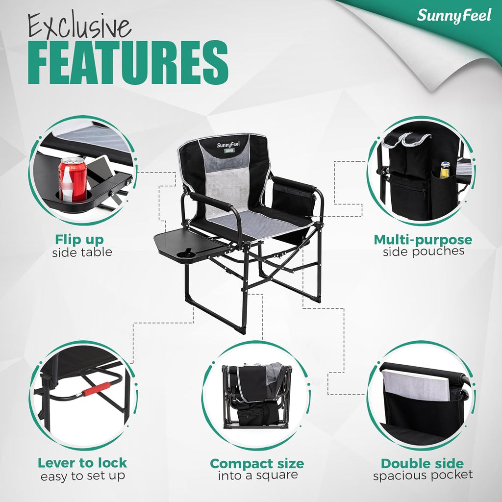 Heavy Duty Oversized Directors Chair - Folding Camping Chair with Side Table & Storage Pocket - Portable Lawn Chair Supports 300+ lbs for Adults