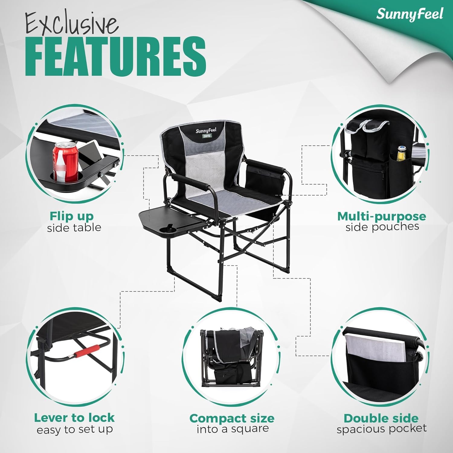 Heavy Duty Oversized Directors Chair - Folding Camping Chair with Side Table & Storage Pocket - Portable Lawn Chair Supports 300+ lbs for Adults