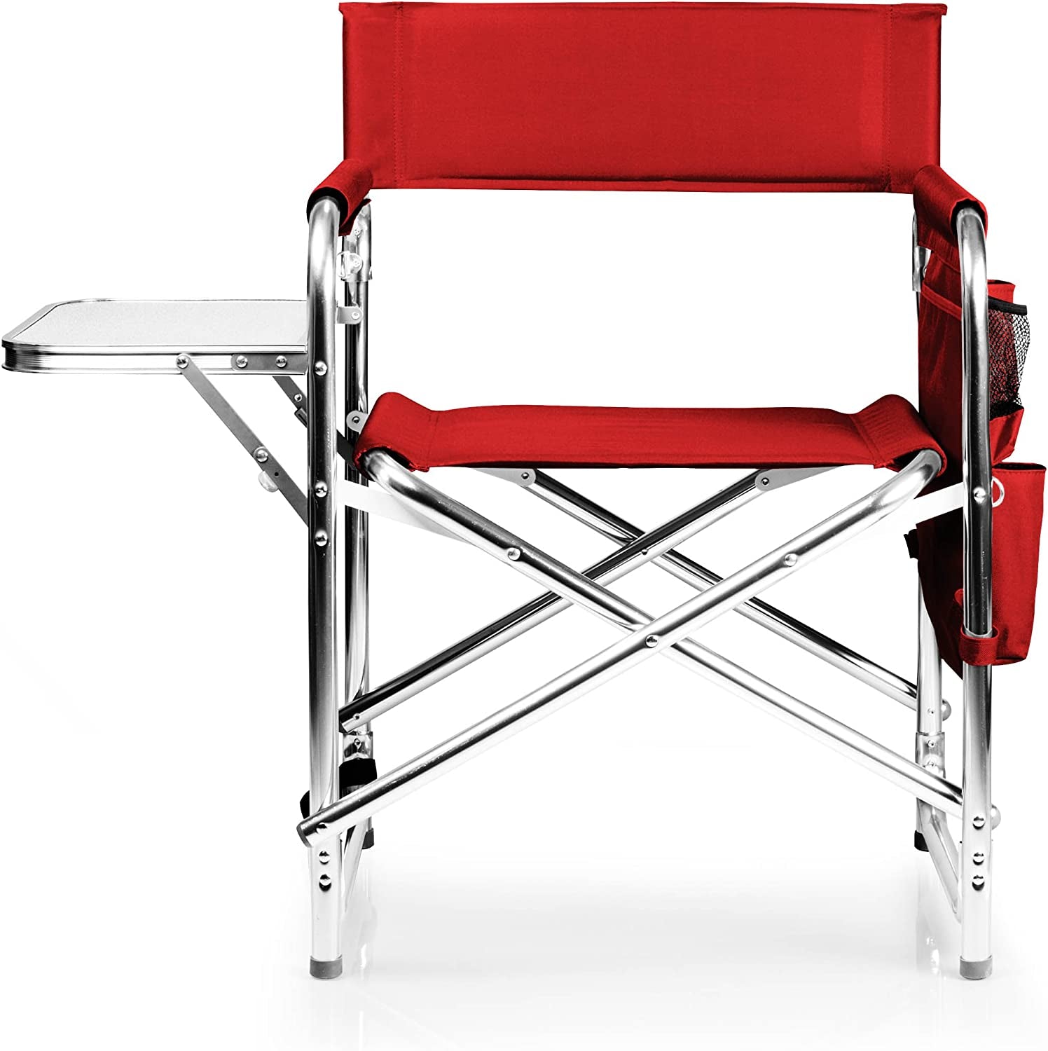 Portable Aluminum Sports Director Chair - Heavy Duty Folding Camping Chair with Side Table & Armrest Caddy - Red Picnic Seating for Adults