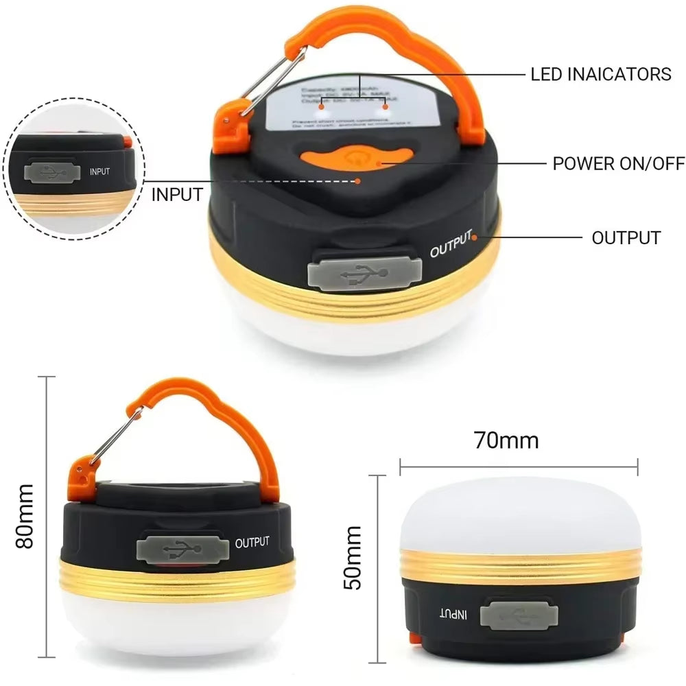 10W Portable LED Tent Lantern - USB Rechargeable 1800mAh Battery Camping Light - Hanging Night Lamp for Hiking & Emergency Power