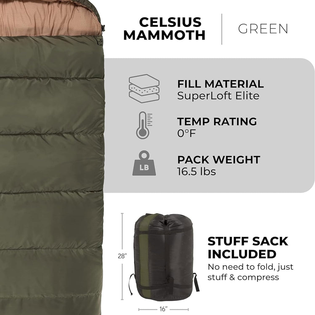 Mammoth Queen Size Double Sleeping Bag - 2-Person Family Camping Bag - Extra Large Warm Sleep System for Couples & Base Camp