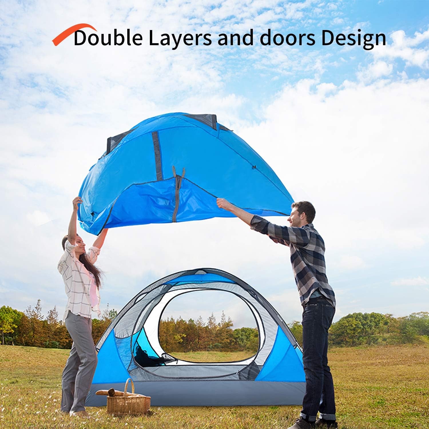 4 Person Family Camping Tent - Windproof & Waterproof Double Layer Outdoor Shelter - Instant Setup Dome Tent with 2 Doors for Hiking & Travel